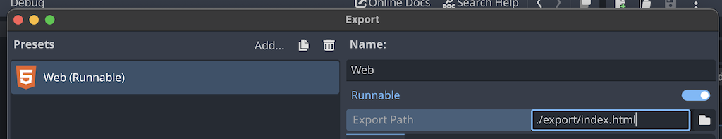 The export configuration; it's set to Web (Runnable) with an export location of "./export/index.html"